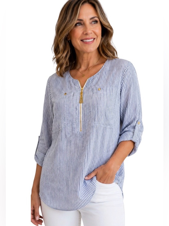 Ellen Tracy Tops - ELLEN TRACY XL 100% LINEN BLUE AND WHITE STRIPED TUNIC GOLD ZIP COASTAL Y2K TOP